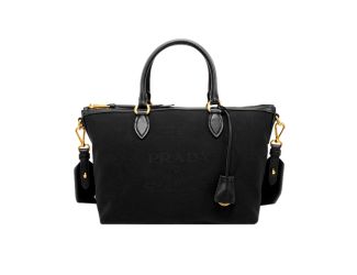 Prada Black Canvas Jacquard Logo Leather Trim Small Satchel