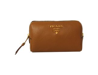 Prada Vitello Daino Cannella Brown Leather Cosmetic Pouch Clutch Bag