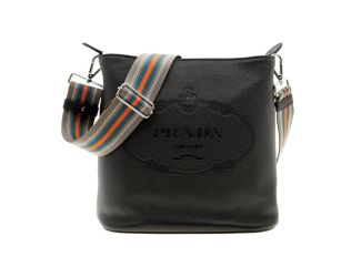 Prada Vitello Phenix Black Leather Web Strap Crossbody Bucket Bag