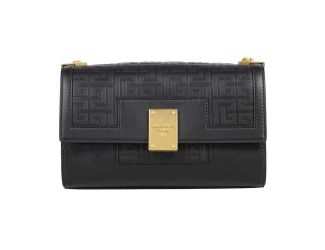Balmain 1945 Black Leather Embossed Flap Medium Shoulder Bag