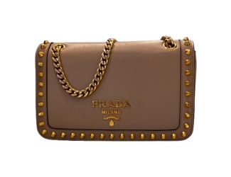 Prada Pattina Glace Calf Leather Cammeo Beige Gold Studded Bag