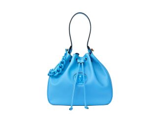 Versace La Medusa Blue Textured Leather Bucket Bag Gold Hardware Chain Strap