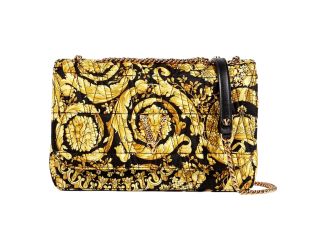 Versace Virtus Barocco Print Quilted Silk Shoulder Bag Black Gold