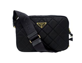 Prada Tessuto Black Quilted Nylon Triangle Logo Camera Crossbody Bag