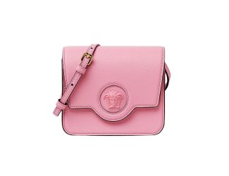 Versace La Medusa Pink Pebbled Leather Small Crossbody Bag Gold Logo
