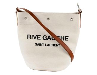 Saint Laurent Rive Gauche Brown Leather Trim Linen Bucket Bag
