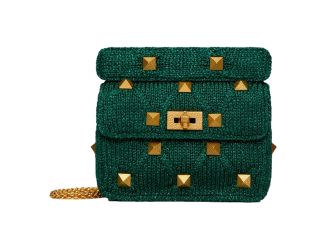 Valentino Garavani Roman Stud Medium Shoulder Bag Metallic Green Lurex