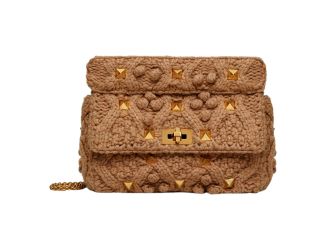 Valentino Garavani Roman Stud Large Shoulder Bag Brown Knit Cashmere