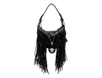 Versace Repeat Fringe La Medusa Mini Hobo Shoulder Bag Black Leather