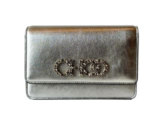Jimmy Choo Kalina  Crossbody Clutch Bag Crystal Logo Metallic Silver