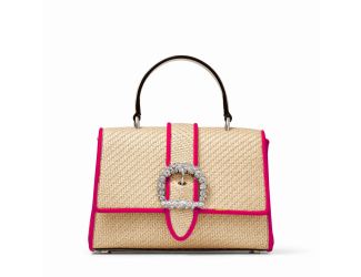 Jimmy Choo Cheri Crystal Medium Top Handle Bag Raffia Pink Leather Trim