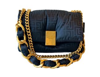 Balmain 1945 Nylon Monogram Flap Crossbody Shoulder Bag Black Small