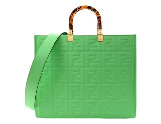 Fendi Sunshine Medium Plexi FF Embossed Leather Tote Edamame Green