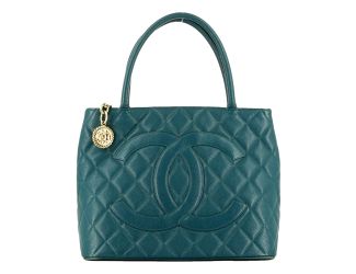Chanel CC Medallion Tote Teal Blue Caviar Leather Quilted Gold Hardware