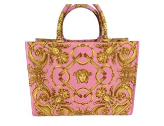 Versace Pastel Pink Signature Print Large Canvas Tote Designer Handbag