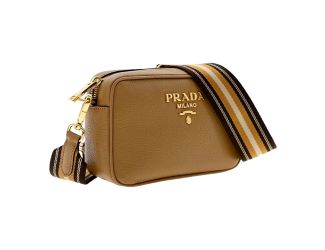 Prada Tan Caramel Pebbled Leather Crossbody Bag Web Stripe Strap Gold Hardware