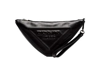 Prada Grace Triangle Leather Pouch Clutch Bag with Embossed Logo Nero Black