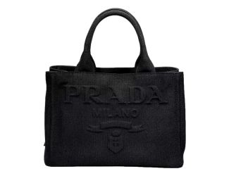 Prada Canapa Tote Handbag Canvas Embossed Lettering Logo Fabric Black