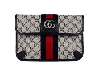 Gucci Ophidia Flap Belt Bag GG Beige Coated Canvas Navy and Red