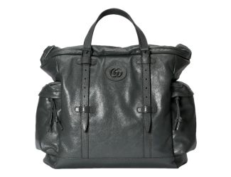 Gucci Drawstring Tote Bag Grey Leather Tonal Double G Logo