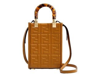 Fendi FF Zucca Leather Mini Sunshine Shopper Tote Crossbody Bag Caramello Brown