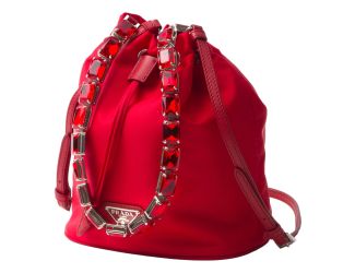Prada Re-Nylon Rosso Red Drawstring Bucket Bag Embellished Crystal Handle