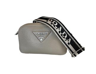 Prada Vitello Daino Leather Sabbia Beige Web Strap Camera Crossbody