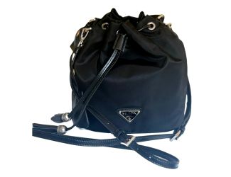 Prada Re-Nylon Black Tassel Drawstring Bucket Bag