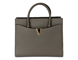 Versace Virtus Medium Top Handle Tote Taupe Grey Calfskin Leather Handbag