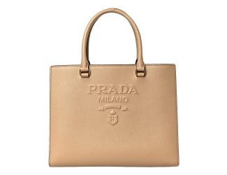 Prada Saffiano Sabbia Sand Beige Lux Logo Embossed Medium Shoulder Tote Handbag