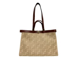 Fendi FF Peekaboo X-Lite Brown Beige Canvas and Leather Tote