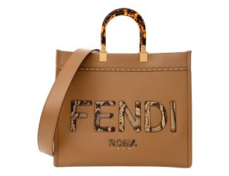 Fendi Sunshine Tan Leather Snake Print Logo Large Tote