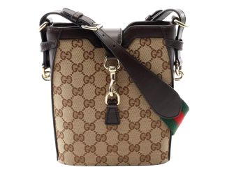 Gucci Original GG Canvas Beige Brown Webstripe Mini Bucket Bag
