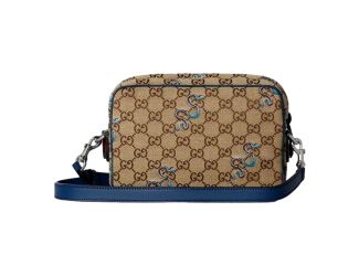 Gucci Snake Embroidered Beige Canvas Blue Trim Crossbody Bag