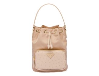 Prada Duet Tessuto Nylon and Ostrich Leather Bucket Bag in Cammeo Beige
