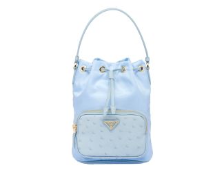 Prada Duet Tessuto Nylon Ostrich Leather Cielo Blue Bucket Bag