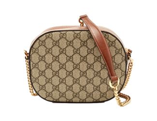 Gucci GG Supreme Canvas Mini Oval Chain Crossbody Bag Brown Leather Trim