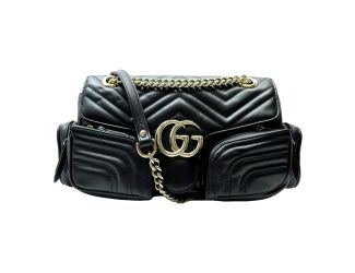 Gucci GG Marmont Dual Compartment Black Leather Shoulder Bag Gold Logo