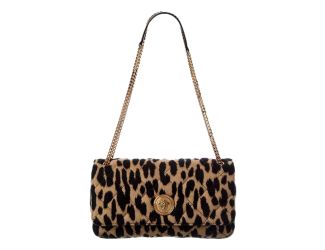Versace Leopard Print Wool Leather Shoulder Bag Gold Medallion Chain Strap