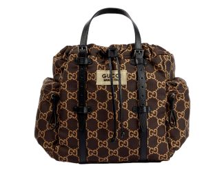 Gucci GG Monogram Utility Tote Bag Brown Ripstop Canvas Leather Trim