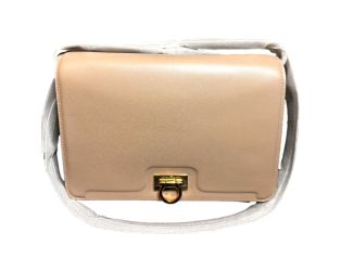 Ferragamo Trifolio Soft Leather Flap Crossbody Bag Ameretti Beige Gold Hardware
