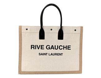 Saint Laurent Rive Gauche Large Tote in Natural Beige Canvas with Black Top Handles