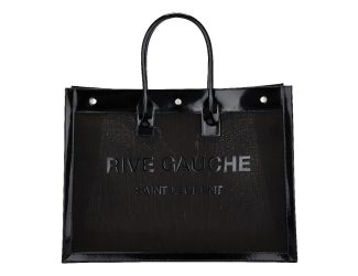 Saint Laurent Rive Gauche Large Tote Bag Black Nylon Leather Trim Silver Hardware
