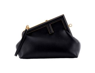 Fendi First Midi Nappa Leather Clutch Crossbody Bag Nero Black Gold FF Logo
