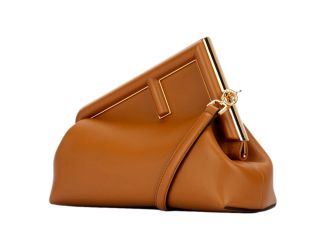 Fendi First Midi Clutch Crossbody in Caramel Brown Nappa Leather with Gold FF Logo