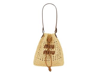Miu Miu Woven Raffia Mini Bucket Bag in Beige and Brown