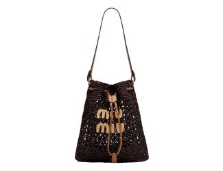 Miu Miu Woven Raffia Mini Bucket Bag in Chocolate Brown