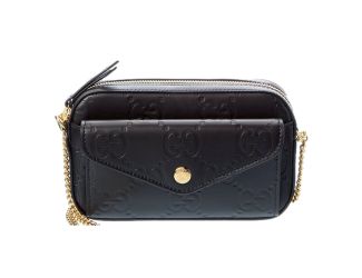 Gucci Gilbert Black Guccissima Leather Double Zip Camera Crossbody Bag Gold Chain