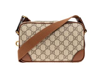 Gucci GG Supreme Canvas Brown Leather Camera Bag Crossbody