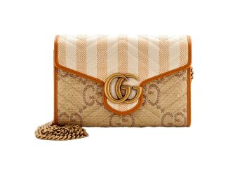 Gucci GG Marmont Raffia Wallet on Chain in Orange and Beige